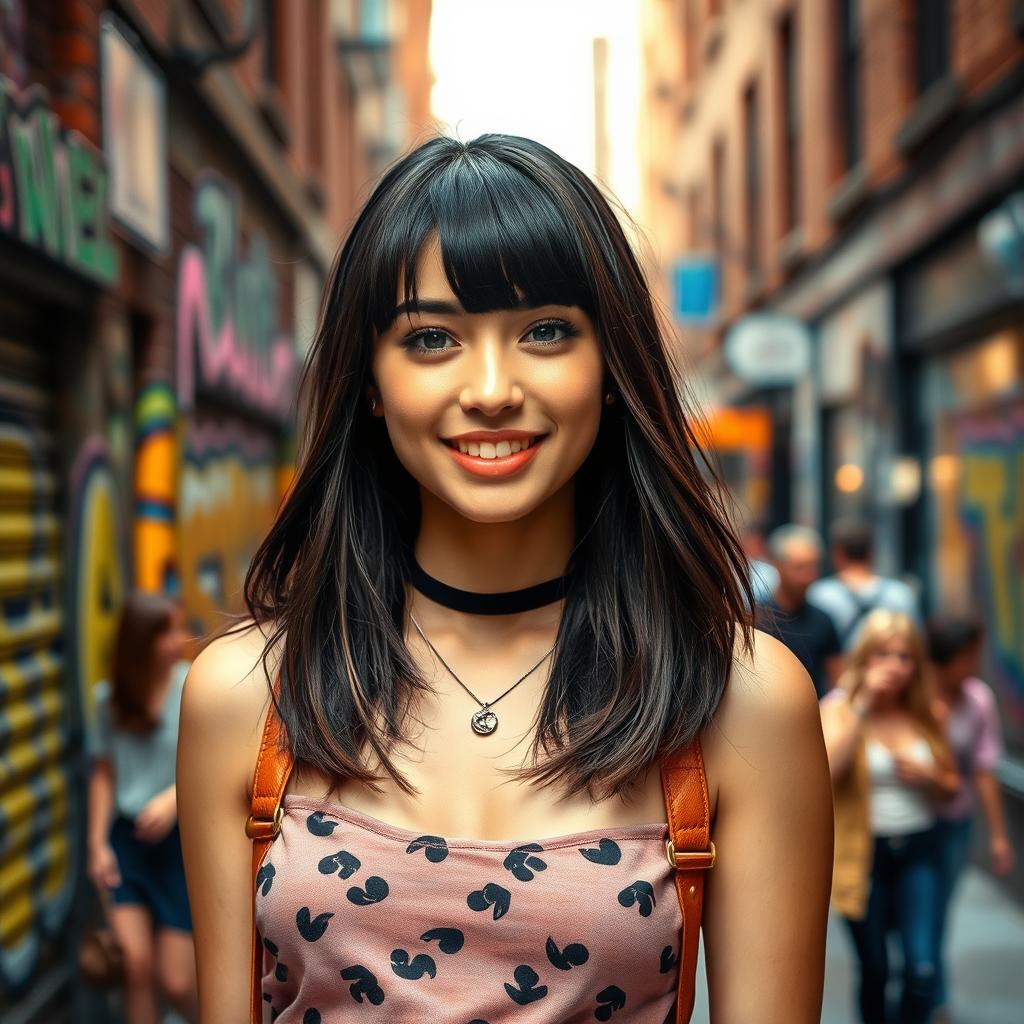 A fashionable young woman with stylish bangs, standing confidently in a vibrant urban setting