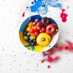 High-definition photo showing a creative deconstructed fruit bowl on a white tabletop canvas adorned with interesting splatters