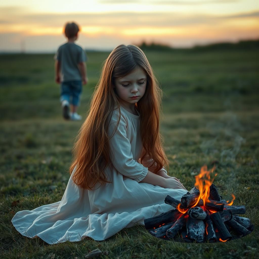 A girl with long flowing hair, wearing a soft, pastel-colored dress, sits on a grassy patch, her expression filled with sadness as she watches a boy walk away in the distance