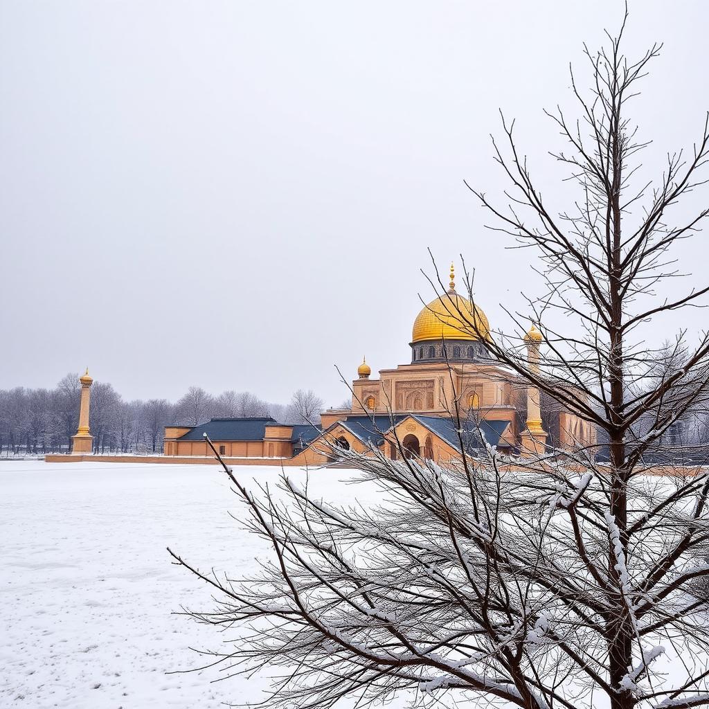 A stunning view of the Imam Hussein shrine surrounded by a serene winter landscape