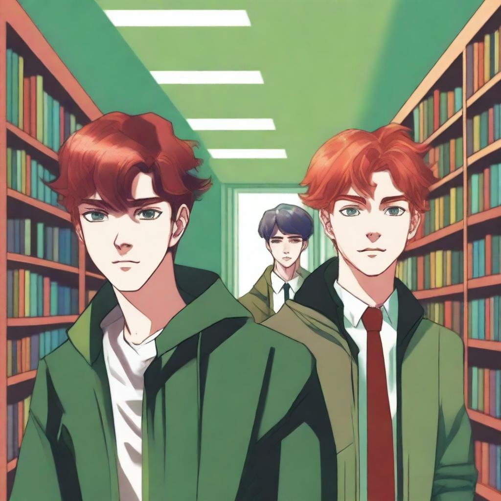 A digital art piece captures two handsome high school boys in the library, their friends blurred in the background