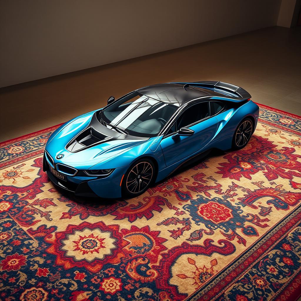 A stunning BMW i8 sports car creatively placed on a handmade carpet with unique, intricate designs
