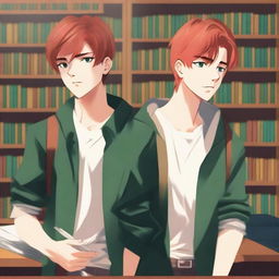 A digital art piece captures two handsome high school boys in the library, their friends blurred in the background