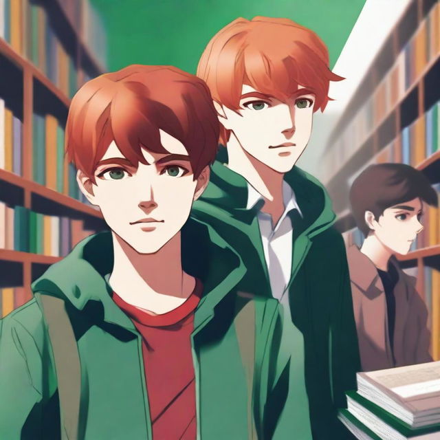 A digital art piece captures two handsome high school boys in the library, their friends blurred in the background