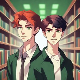 A digital art piece captures two handsome high school boys in the library, their friends blurred in the background