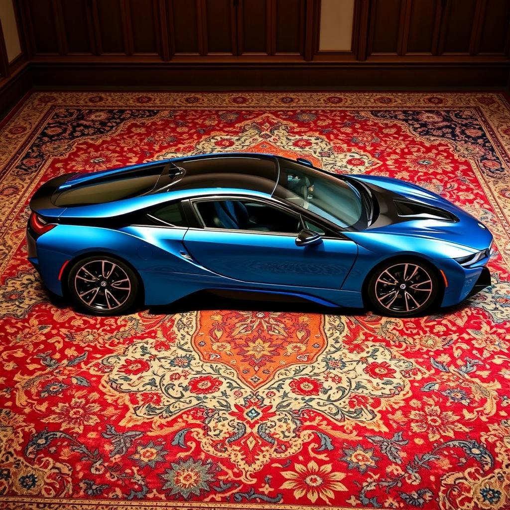 A magnificent BMW i8 sports car elegantly positioned on a richly detailed handmade Persian carpet