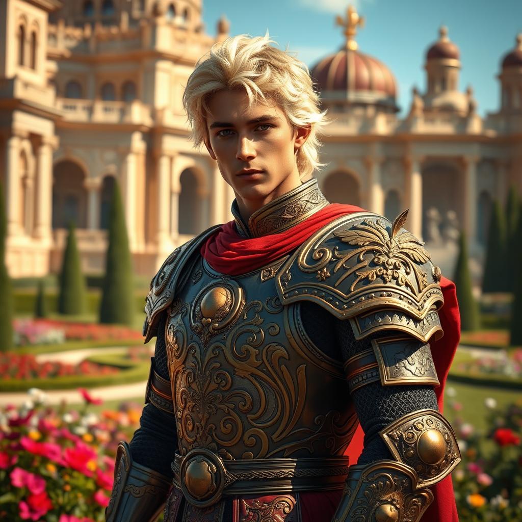 A Persian prince with light blonde hair, adorned in intricate, ornate armor that reflects Persian design elements, standing confidently with a regal posture