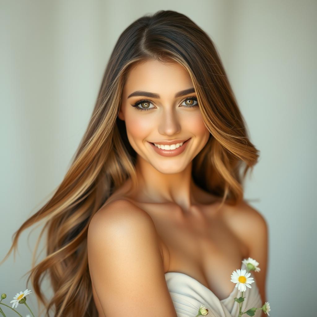A portrait of a beautiful woman with long flowing hair, bright sparkling eyes, wearing an elegant dress that complements her figure