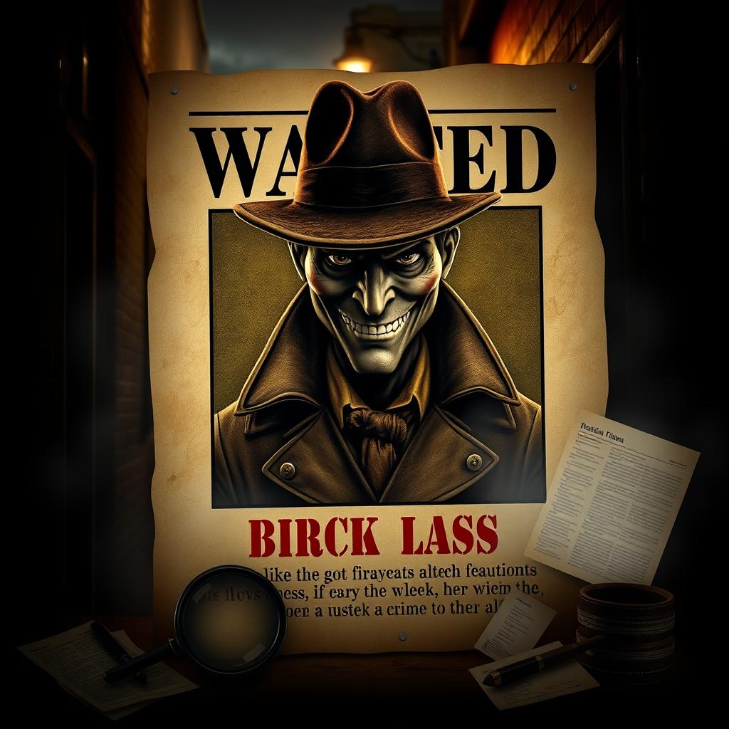 An artistic representation of a wanted poster featuring a mysterious figure with an enigmatic smile, dressed in a vintage detective outfit, complete with a fedora and trench coat