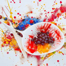 High-definition photo showing a creative deconstructed fruit bowl on a white tabletop canvas adorned with interesting splatters