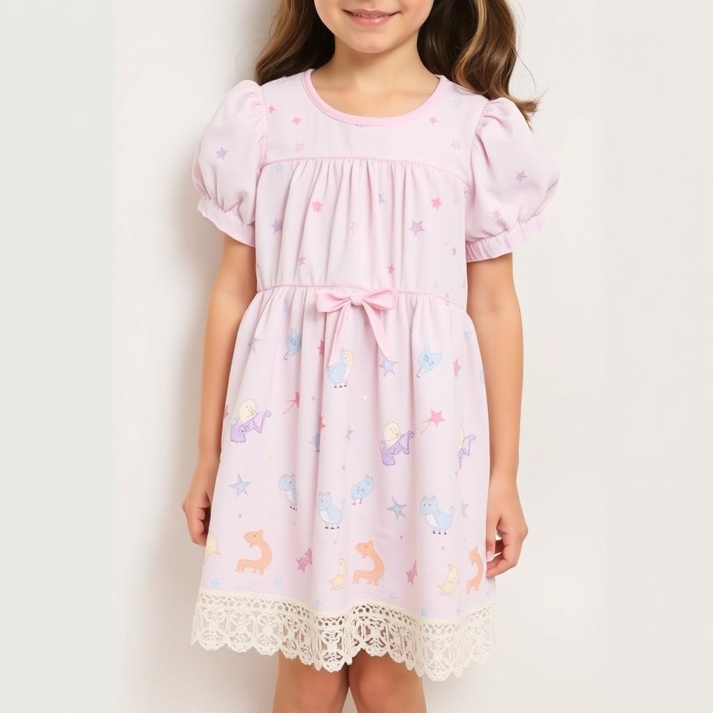 A cozy and charming night dress for a 9-year-old girl, featuring a knee-length design with a soft and flowing silhouette