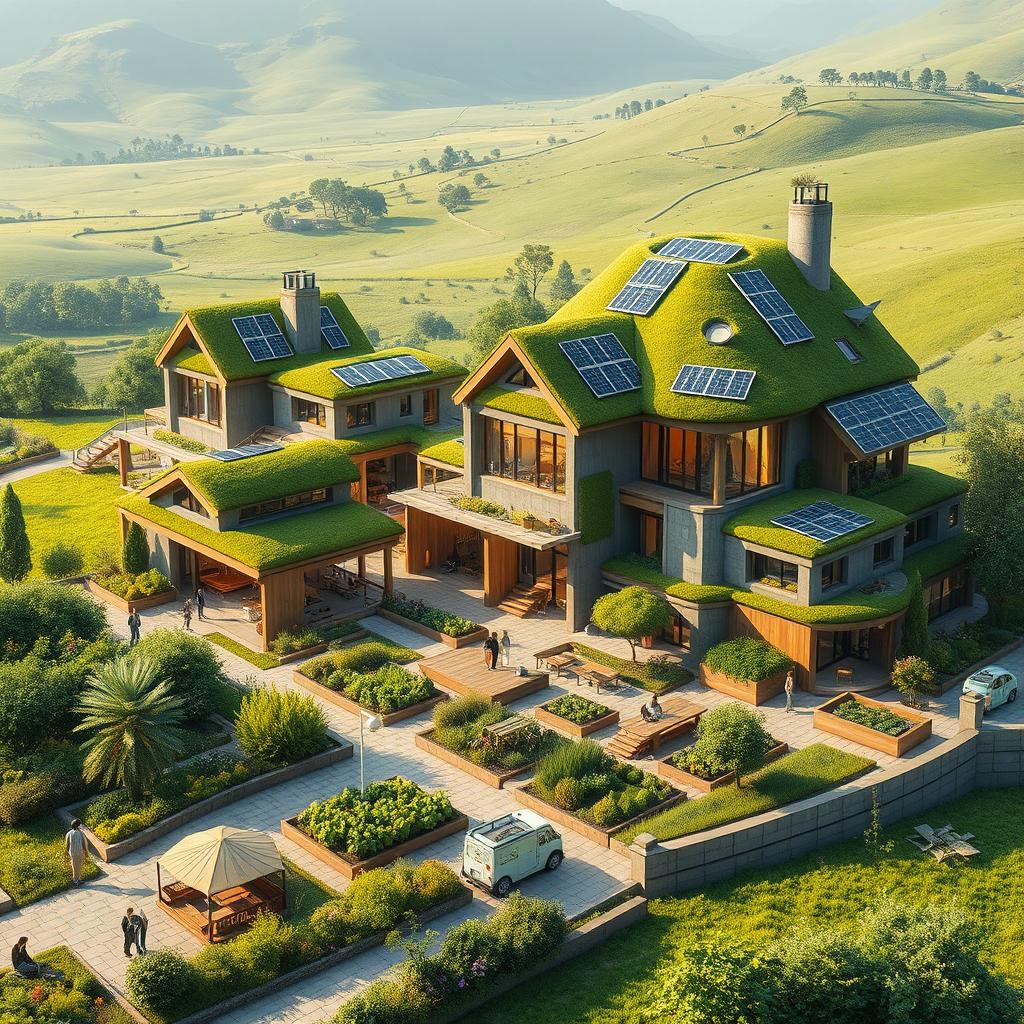 A futuristic village named Kalateh Nanva in the year 2034, featuring advanced sustainable architecture with green roofs and solar panels, surrounded by lush countryside and vibrant greenery