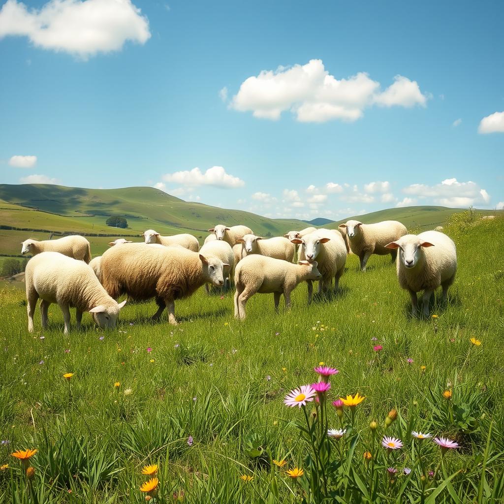 A picturesque scene featuring a flock of sheep grazing peacefully in a lush green meadow
