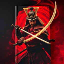 A striking book cover featuring a powerful samurai in a dramatic pose, wielding a gleaming katana