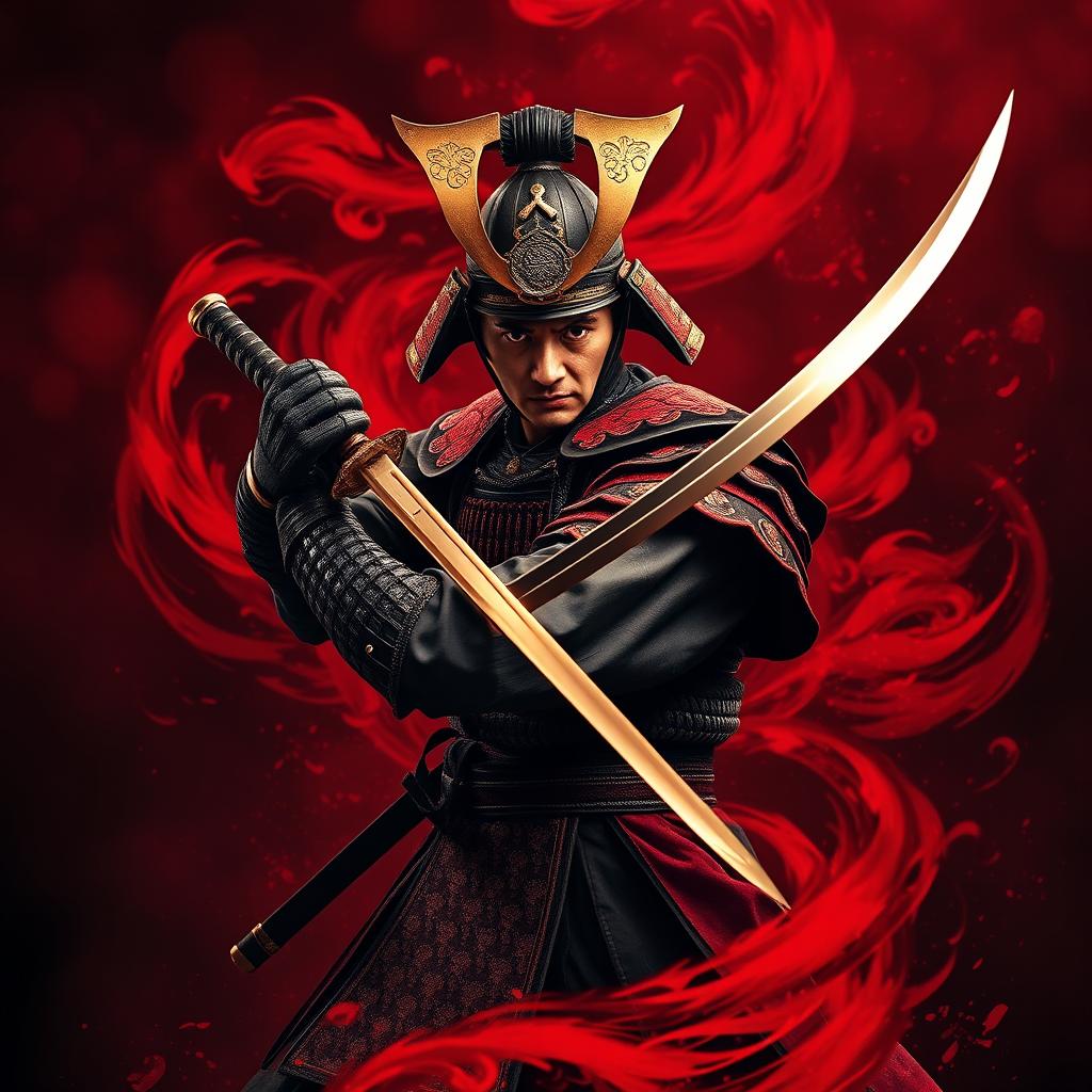 A striking book cover featuring a powerful samurai in a dramatic pose, wielding a gleaming katana
