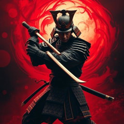 A striking book cover featuring a powerful samurai in a dramatic pose, wielding a gleaming katana