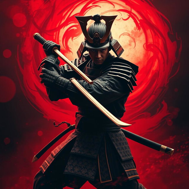 A striking book cover featuring a powerful samurai in a dramatic pose, wielding a gleaming katana