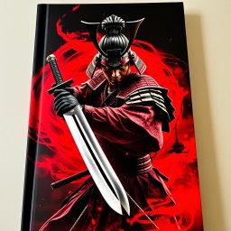 A striking book cover featuring a powerful samurai in a dramatic pose, wielding a gleaming katana