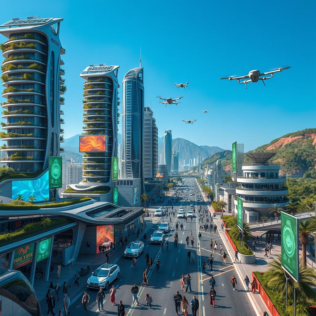 A futuristic cityscape of Klateh Nanava, set in the year 2034, showcasing advanced architecture and technology, with skyscrapers featuring lush vertical gardens, solar panels, and futuristic transport systems