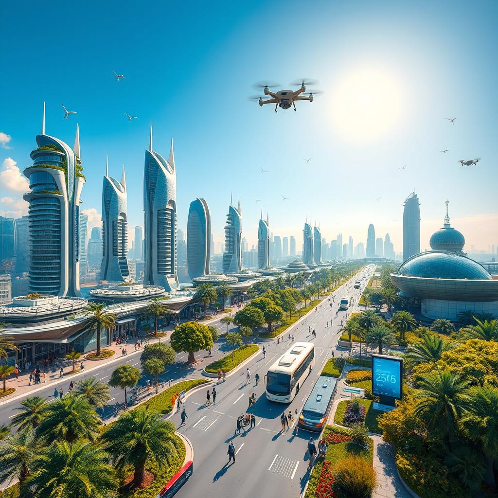 A futuristic city named Klateh Nanava in the year 2034, showcasing advanced architecture and technology
