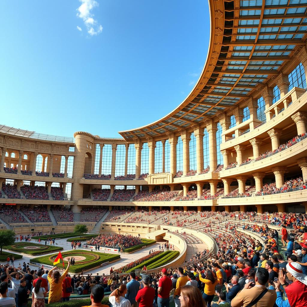 A grand sports stadium inspired by the architectural elements of Persepolis, featuring intricate stone carvings and towering columns reminiscent of the ancient Persian aesthetic