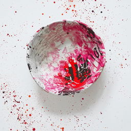 High-definition photo showing a creative deconstructed fruit bowl on a white tabletop canvas adorned with interesting splatters