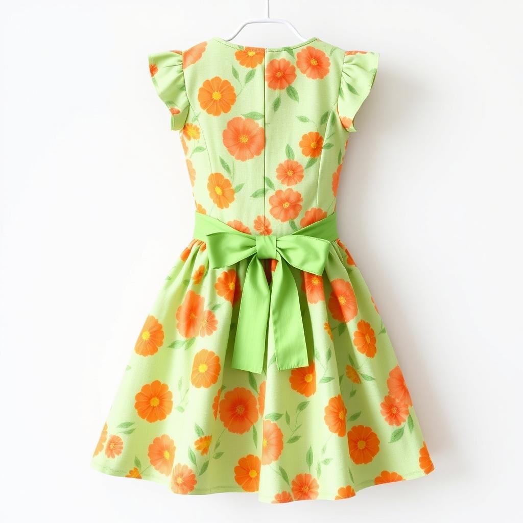 A beautiful dress designed for a 9-year-old girl, made from green and orange floral muslin linen fabric