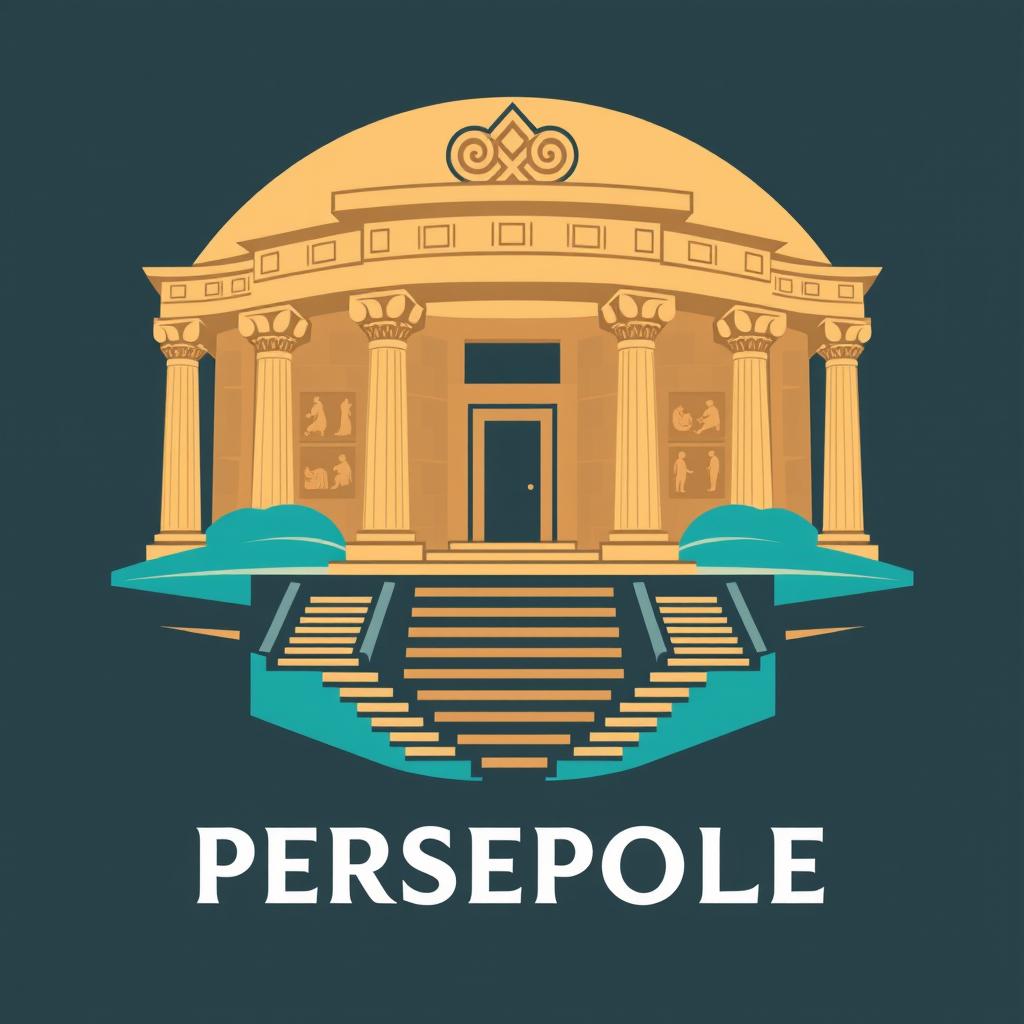 A logo inspired by Persepolis, featuring intricate Persian architectural elements, iconic columns, and relief sculptures