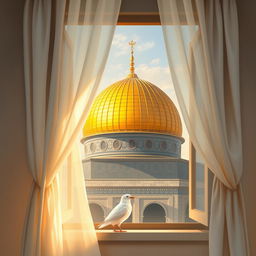 A beautiful painting of the dome of Al-Aqsa Mosque, elegantly framed by a window adorned with a delicate white curtain
