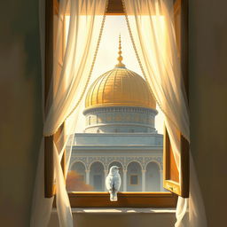 A beautiful painting of the dome of Al-Aqsa Mosque, elegantly framed by a window adorned with a delicate white curtain