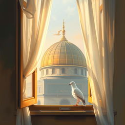 A beautiful painting of the dome of Al-Aqsa Mosque, elegantly framed by a window adorned with a delicate white curtain
