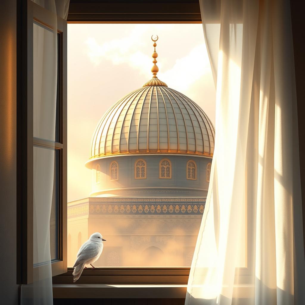 A beautiful painting of the dome of Al-Aqsa Mosque, elegantly framed by a window adorned with a delicate white curtain
