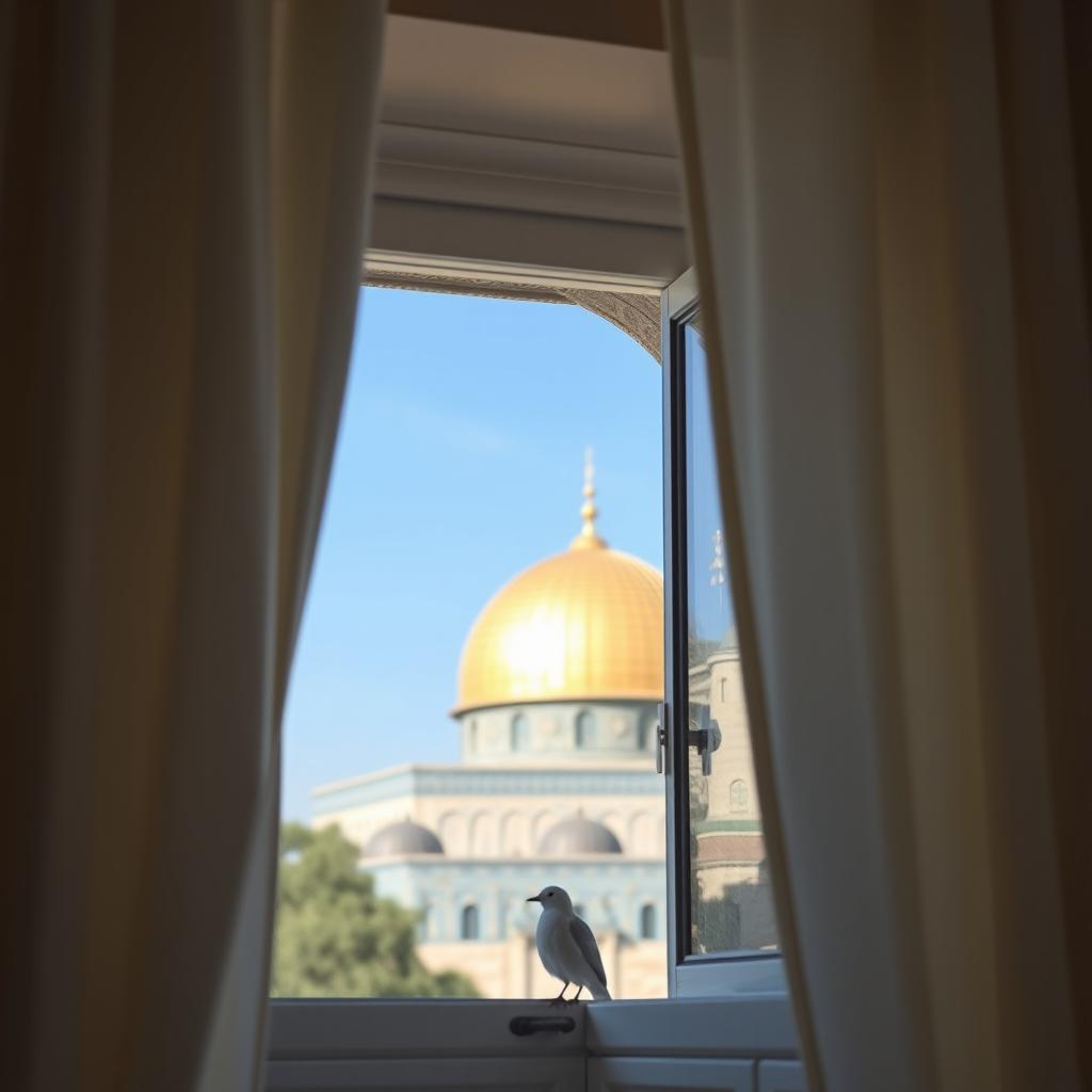 A picturesque view of the golden dome of Al-Aqsa Mosque, framed beautifully by a window with elegant white curtains gently flowing