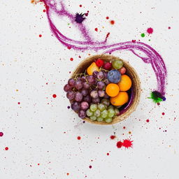 High-definition photo showing a creative deconstructed fruit bowl on a white tabletop canvas adorned with interesting splatters