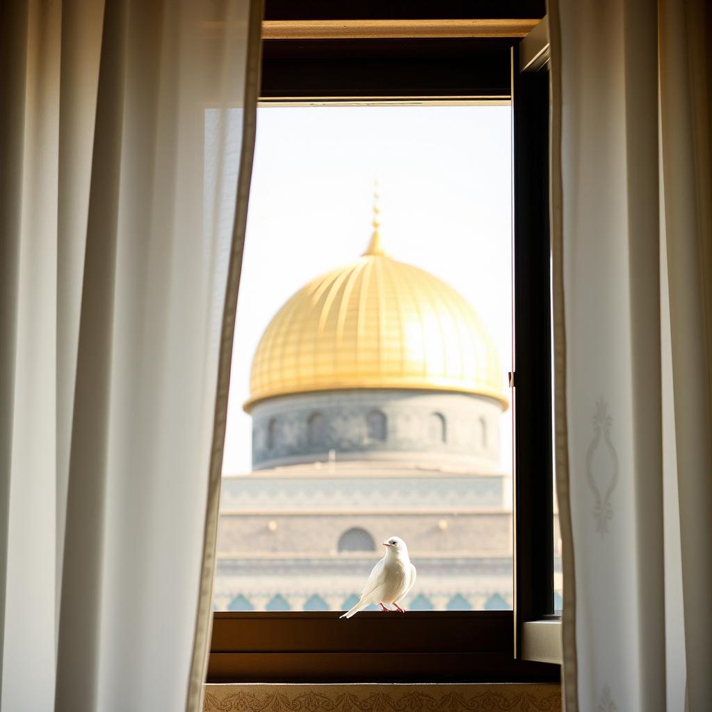 A serene view of the golden dome of Al-Aqsa Mosque, framed beautifully by a window with delicate white curtains