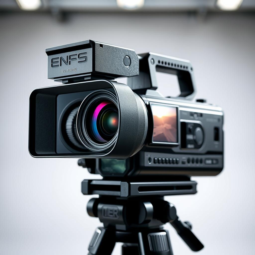 A detailed and realistic representation of a high-quality video camera, showcasing its sleek design and advanced features