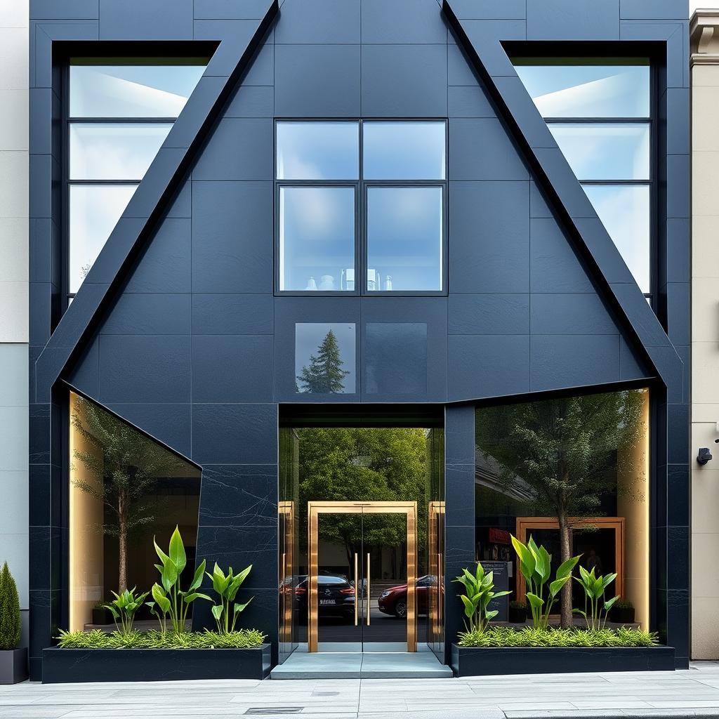 A modern facade design featuring a striking six-story building made of black stone
