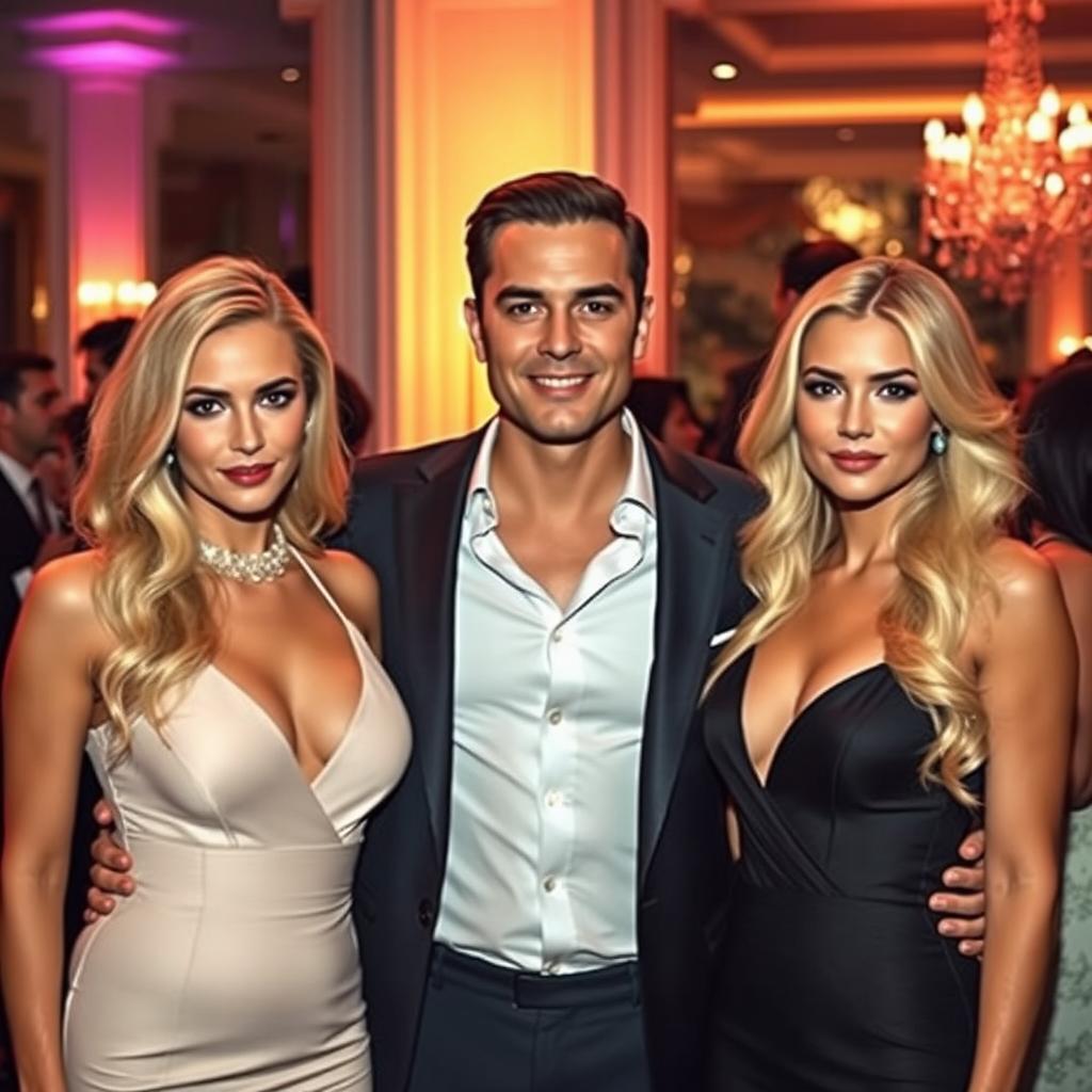 A charismatic man standing confidently between two glamorous blonde women, all three are dressed in stylish, upscale evening attire