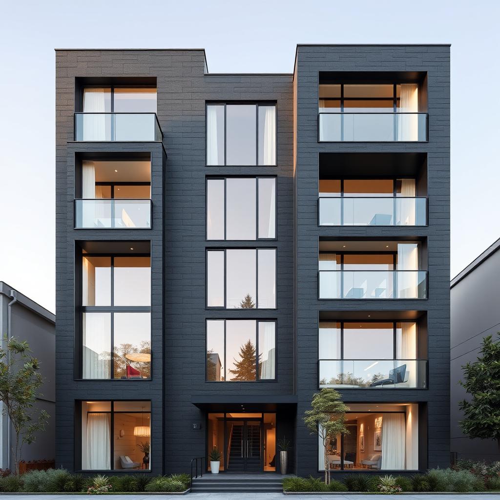 A modern apartment facade design featuring a six-story building, constructed primarily of sleek black stone
