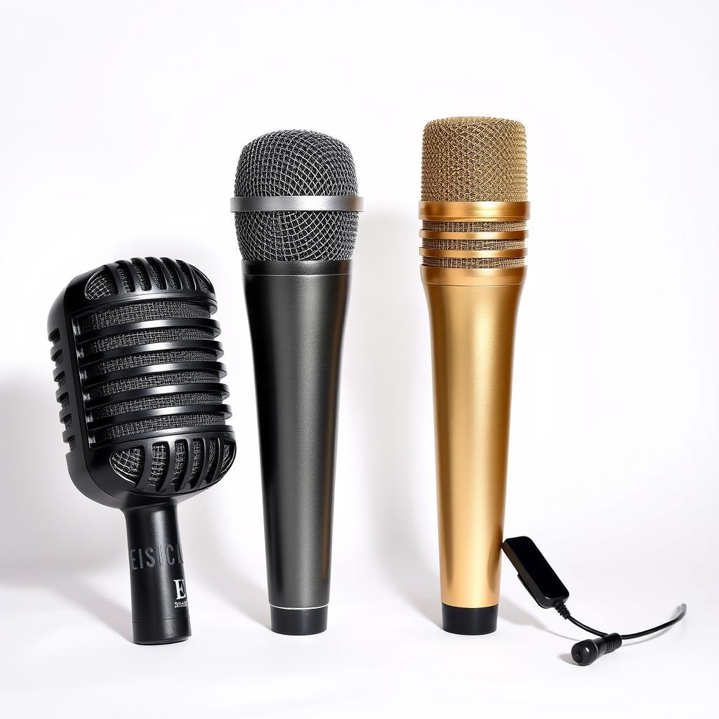 Three professional microphones displayed prominently against a clean white background