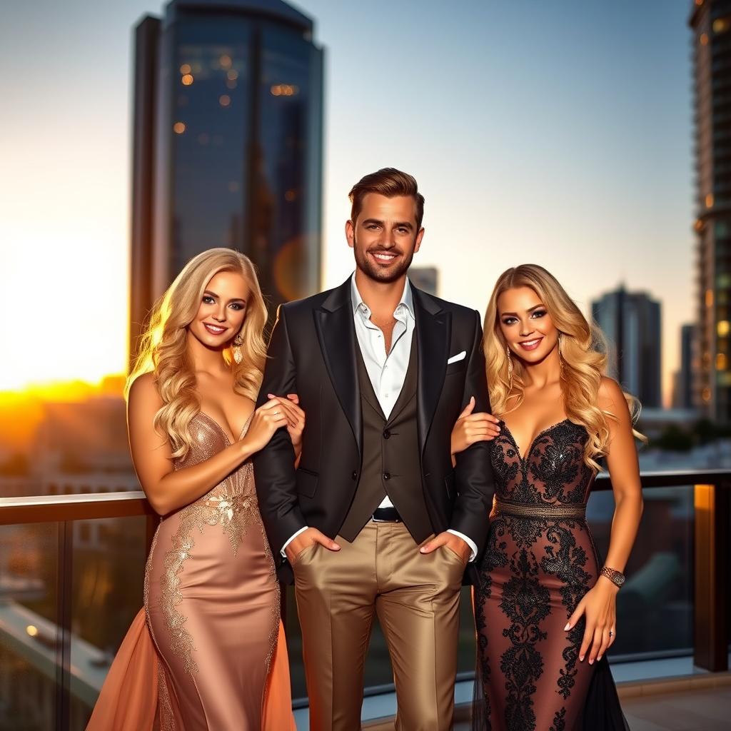 A stylish man dressed in a trendy suit, confidently posed between two glamorous blonde women