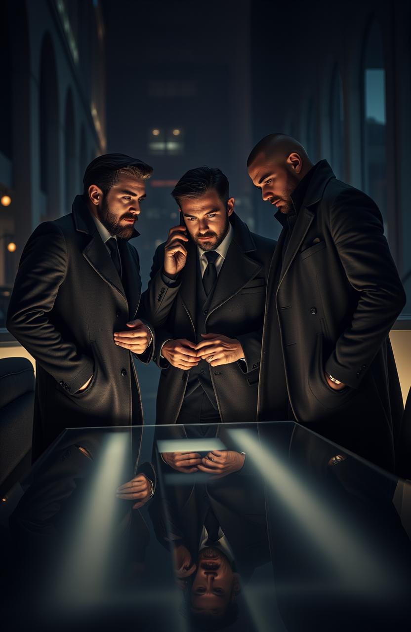A group of three men wearing stylish long coats and tailored suits, gathered in a dimly lit, sophisticated urban setting