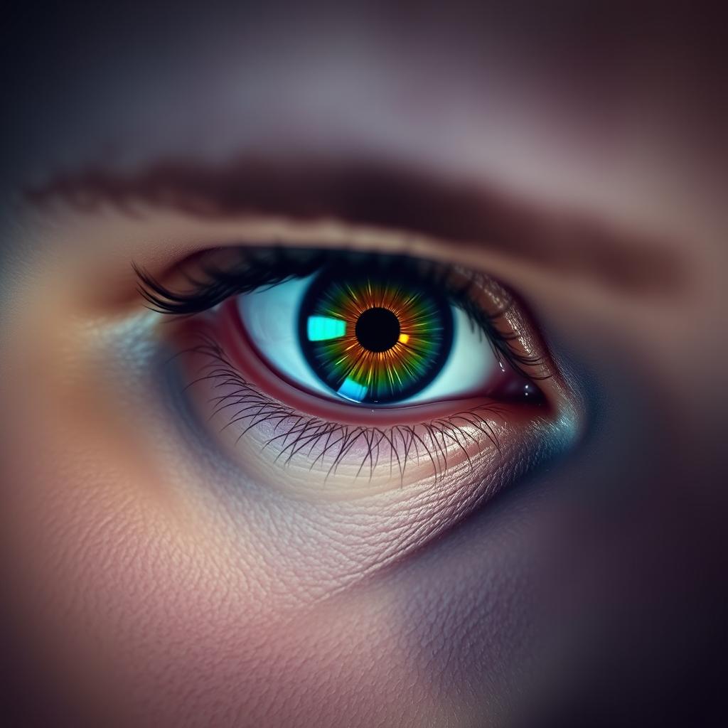 A close-up portrait of a person, focusing intently on their eye, which sparkles with vibrant colors and intricate details