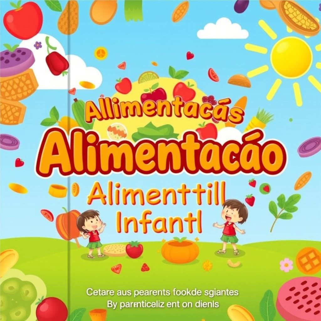 A vibrant and engaging eBook cover for 'Alimentação Infantil', featuring cheerful and colorful illustrations of various healthy foods such as fruits, vegetables, and grains