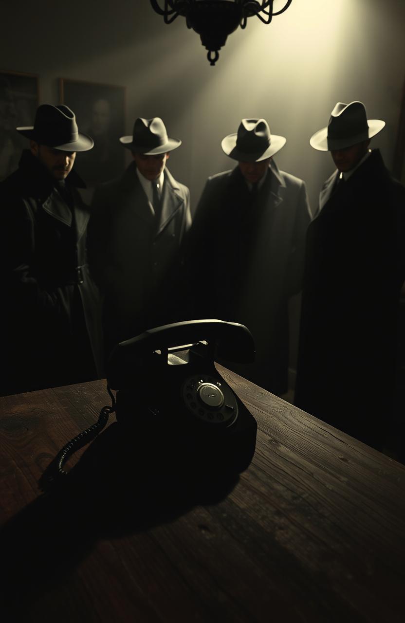 A mysterious scene featuring several men dressed in long coats and suits, wearing fedora hats, gathered in a dimly lit room for a secret meeting