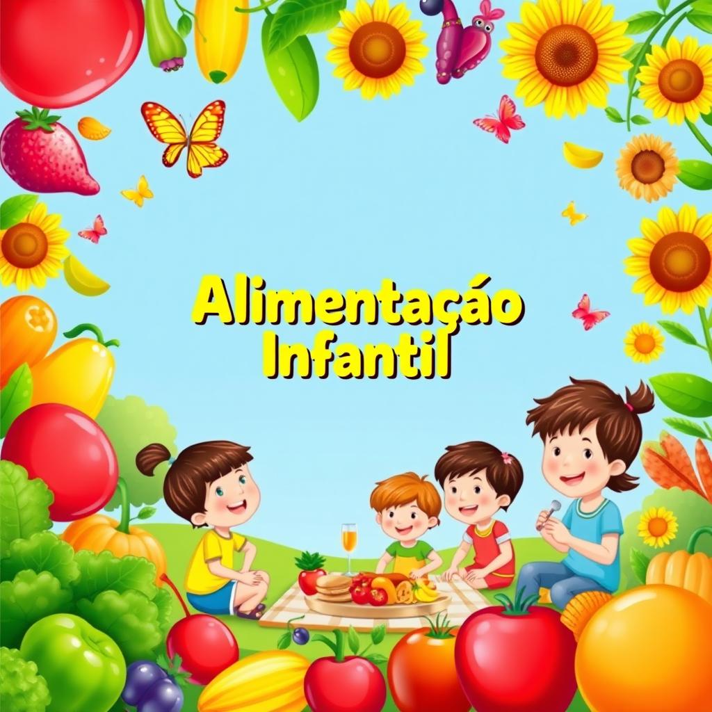 A colorful and appealing eBook cover for 'Alimentação Infantil', showcasing a variety of healthy foods like bright fruits, leafy vegetables, and whole grains