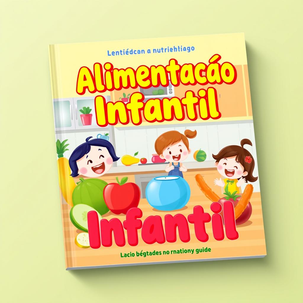 A vibrant and engaging eBook cover design for a children's nutrition guide titled 'Alimentação Infantil'