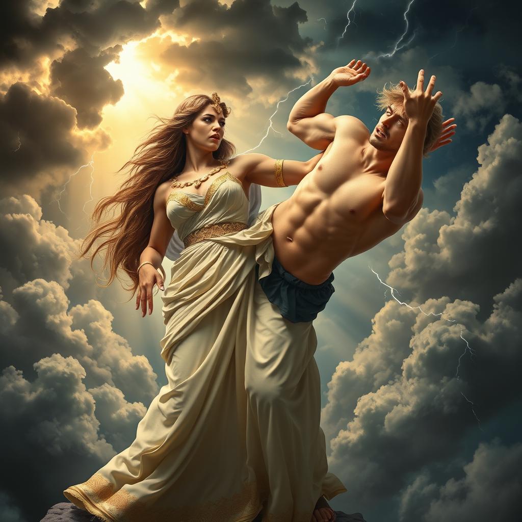 A dramatic scene depicting Hera, the powerful goddess from Greek mythology, showcasing a fierce expression as she throws Hephaestus, her husband, the god of fire and craftsmanship, off a cloud