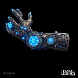An intricate artificial arm powered by hextech technology, inspired by the Arcane aesthetic from the show League of Legends