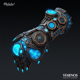 An intricate artificial arm powered by hextech technology, inspired by the Arcane aesthetic from the show League of Legends
